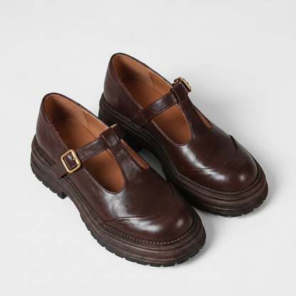 Sunoire chunky platform mary jane shoes with t bar strap 04 pair flatlay brown