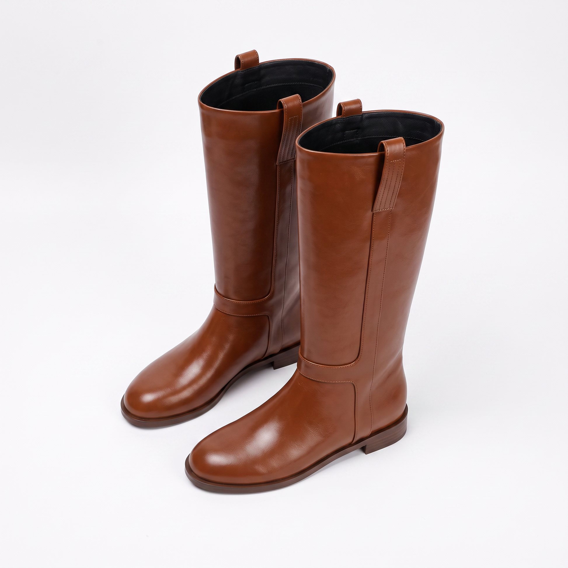 Sunoire women s elegant knee high long boots with round toe fashion mid heels slip on design for autumn winter spring parties 04 pair flatlay cognac
