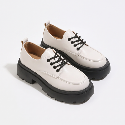 Sunoire 2023 spring and autumn new british style small leather shoes women s fashion retro thick heel lace up thick sole single shoe 04 pair flatlay white