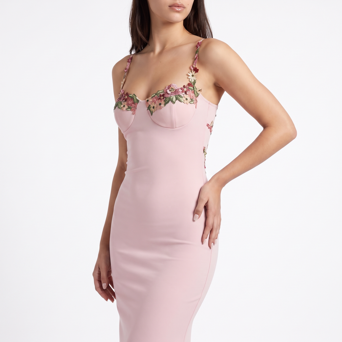 Women's Floral Appliqué Sweetheart Midi Dress, close-up of the bodice