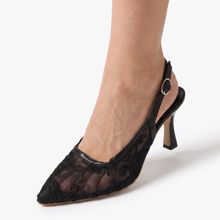 Sunoire trufox womens elegant faux leather pointed toe ultra high heel pumps slingback slip on summer autumn 04 worn detail black