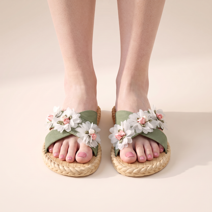 Sunoire melany green floral sandals 04 worn detail green