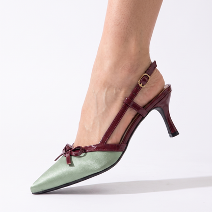 Sunoire satin leather high heels 6 8cm with one word buckle strap stiletto heel pointed toe summer 2026 04 worn detail sage green
