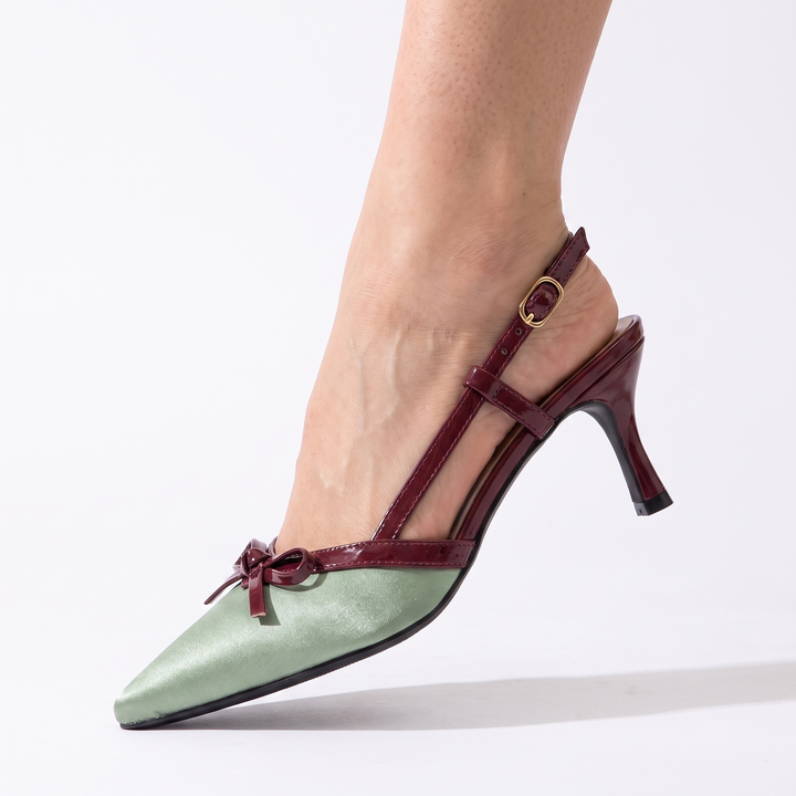 Sunoire satin leather high heels 6 8cm with one word buckle strap stiletto heel pointed toe summer 2026 04 worn detail sage green