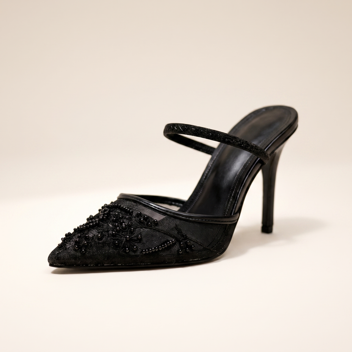 Sunoire womens embroidered mesh mule heels floral pointed toe 05 colorway black