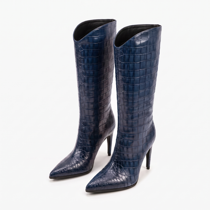 Sunoire fashion women s winter boots western style knee high with pointed toe sexy high heel croc pu wide calf ladies slip on design 05 colorway blue