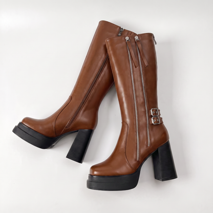 Sunoire women s pointed toe platform high heeled knee high boots with zipper closure pu upper fashionable essential for any occasion 05 colorway brown