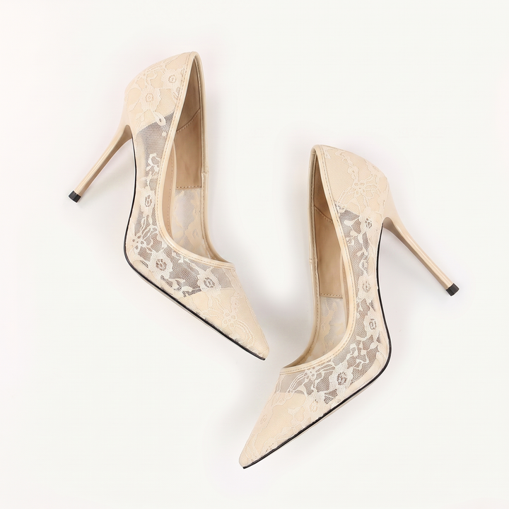 Sunoire 2026 new european american sexy sleek solid 8cm thin heel womens shoes slip on pointed toe netted lace openwork design 05 colorway cream