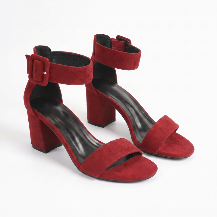 Sunoire 2026 new elegant women s sandals chunky block heel ankle strap suede summer dress shoes custom oem odm manufacturer 05 colorway red