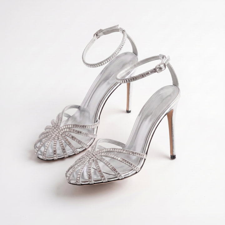 Sunoire foot covered rhinestones 2026 summer new round toe cutout stiletto sandals banquet heels 05 colorway silver