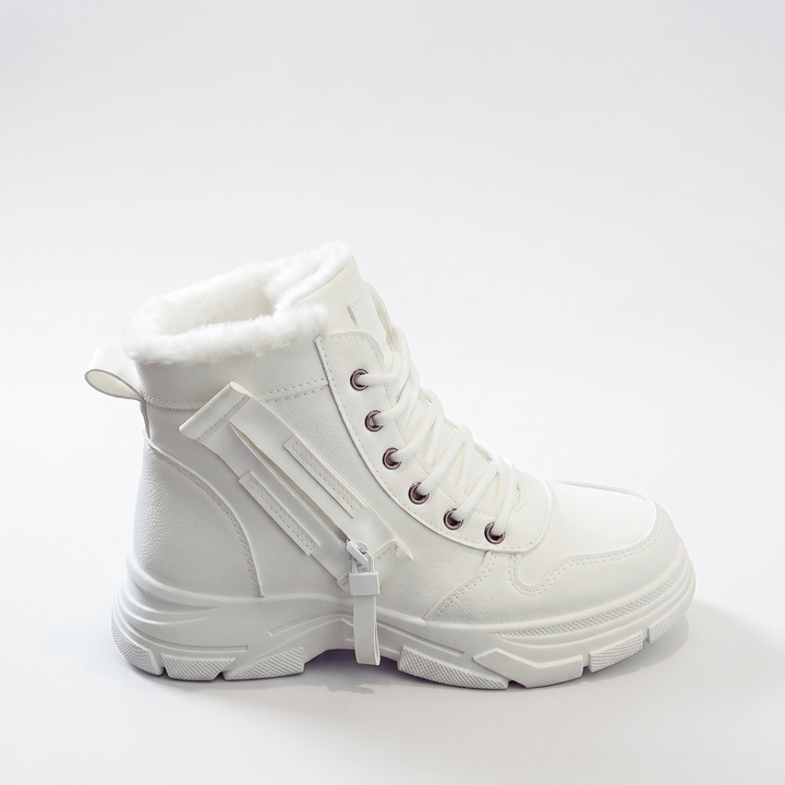 Fleece Lined Chunky Sole Snow Boots, Beige Lace Up Winter Boots, colour view