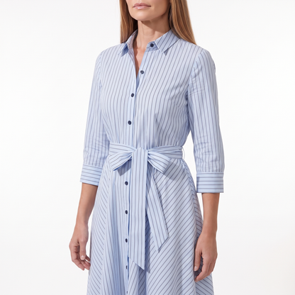 Women's Striped Belted Shirt Midi Dress, close-up of the bodice