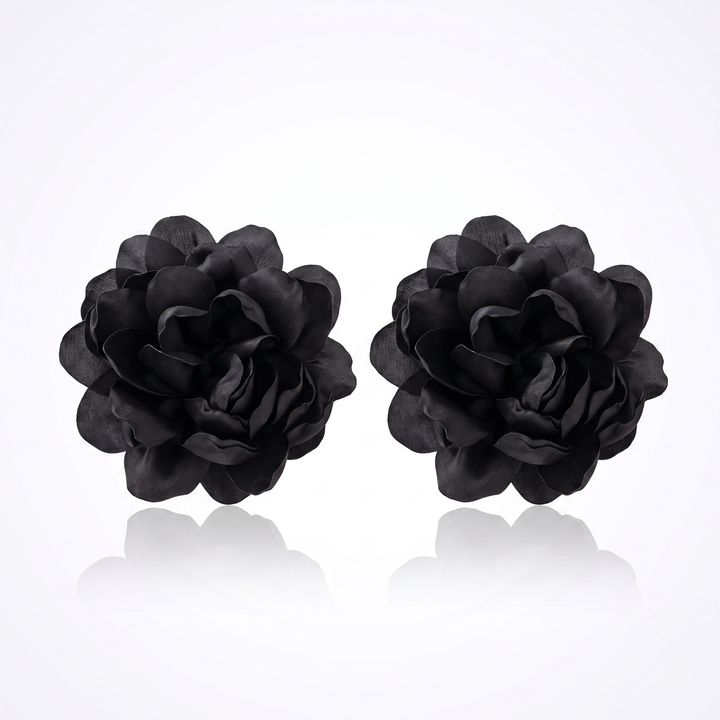 Sunoire exaggerated design big fabric flower earrings for women fashion niche artistic style simulation flower statement earrings 05 flatlay black