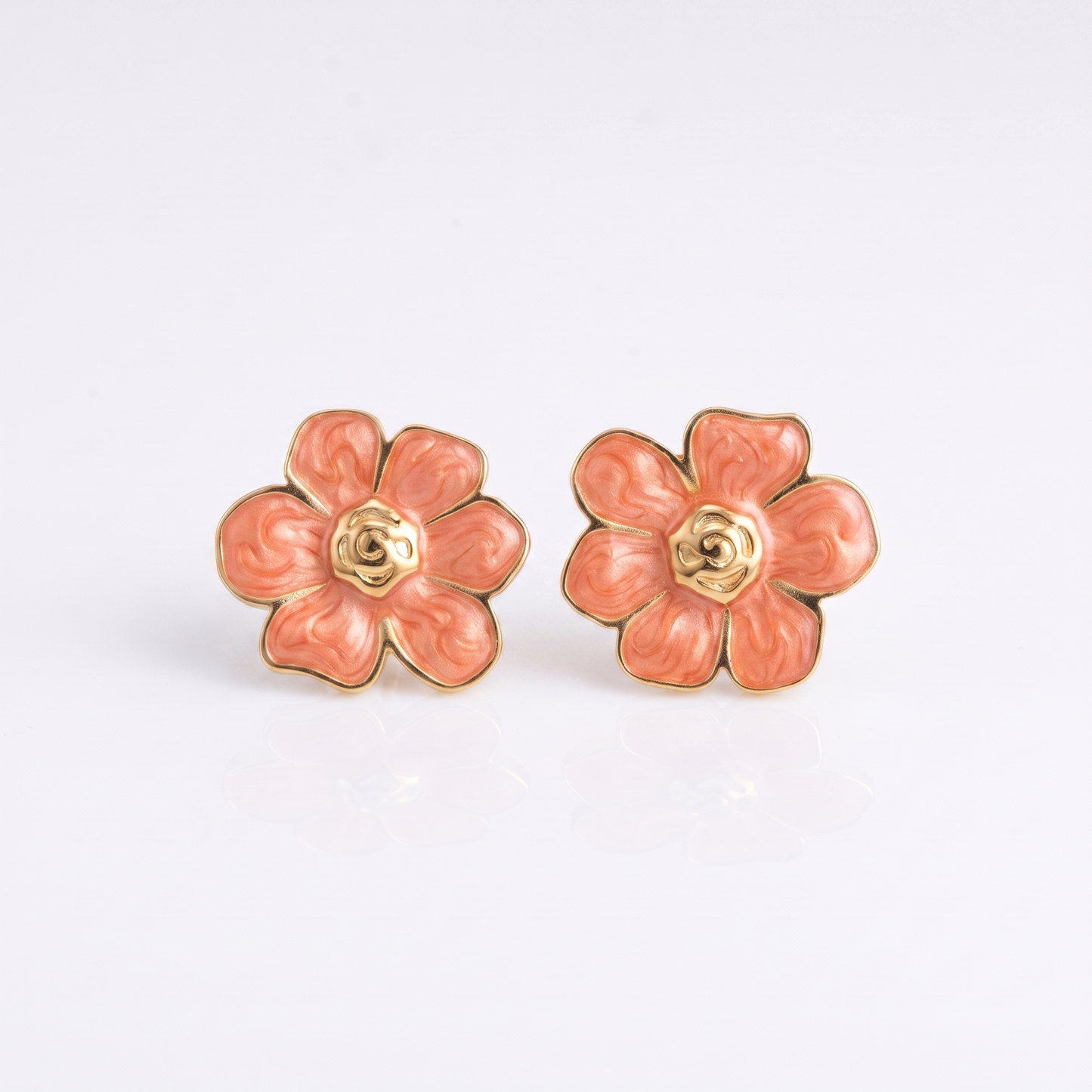 Sunoire women s trendy stainless steel stud earrings minimalist six petaled flower lucky gold color plating wholesale retro party 05 flatlay coral