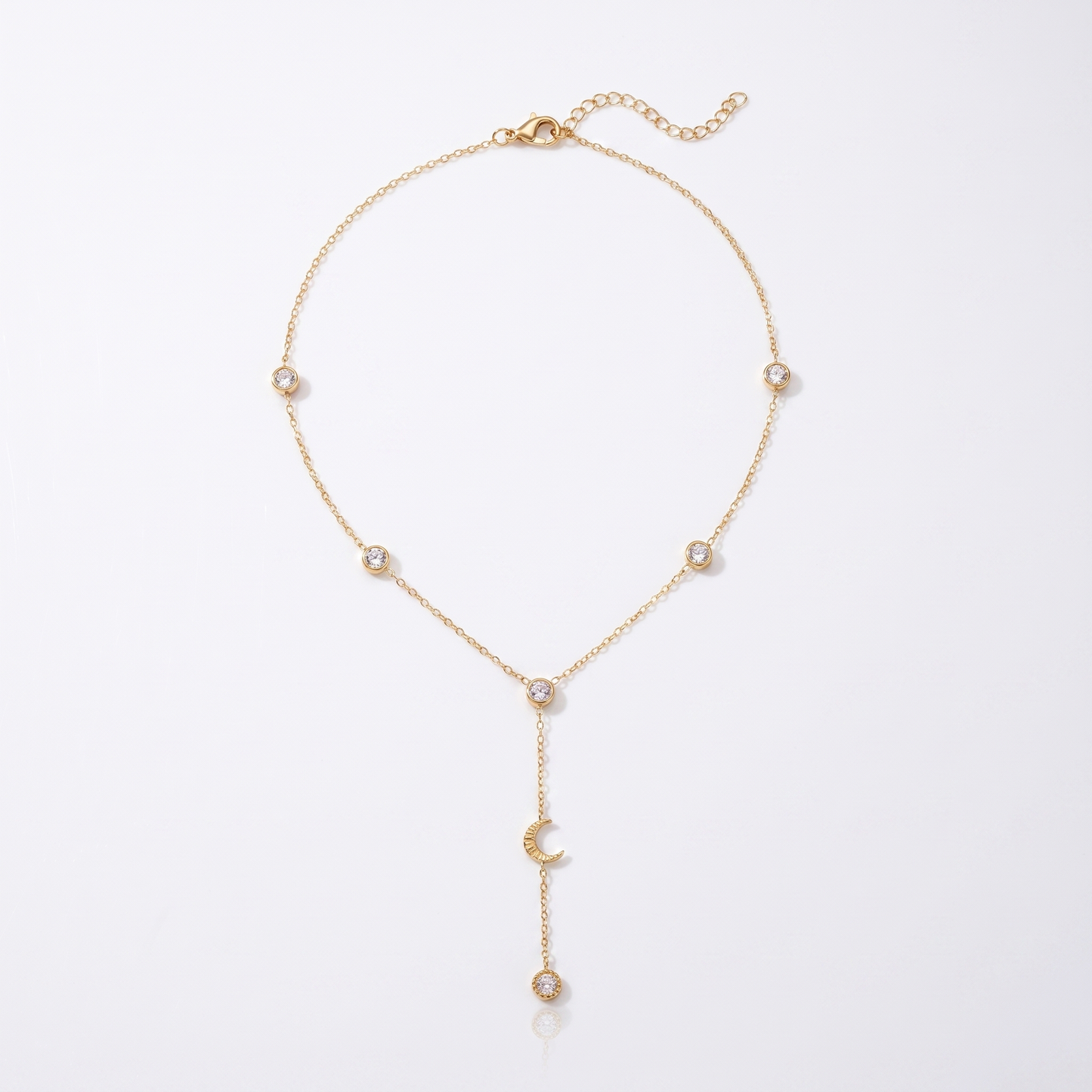 Sunoire fashion zircon stainless steel gold plated women s luxury heart moon pendant sweater necklace 05 flatlay crescent moon