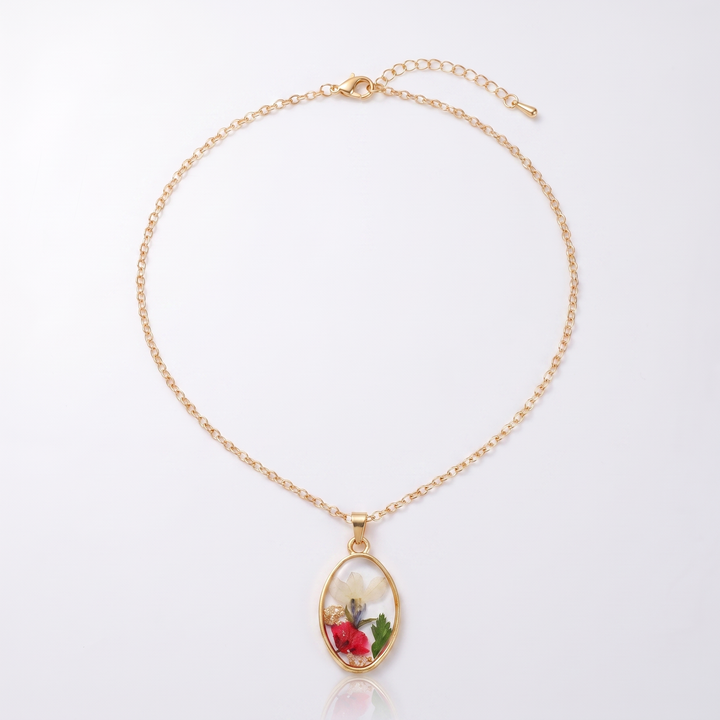 Sunoire non tarnish 18k gold plated korean bohemian pastoral small fragmented fashion dried flower charms pendant necklace for women 05 flatlay oval wildflower