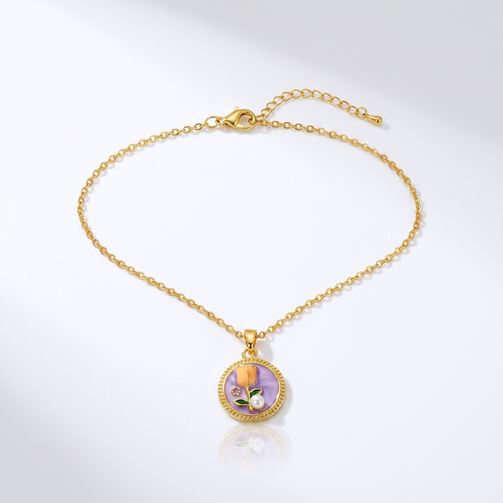 Sunoire dropshipping products wholesale fashion pearl flower transparent gold plated enamel pendant necklace jewelry sets for women 05 flatlay tulip purple
