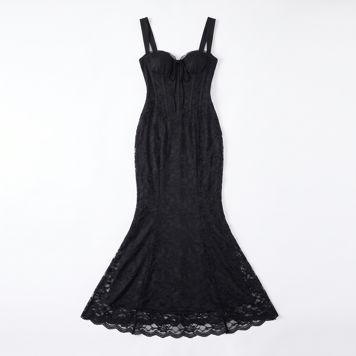 Women's Scalloped Lace Bustier Maxi Dress, flat lay