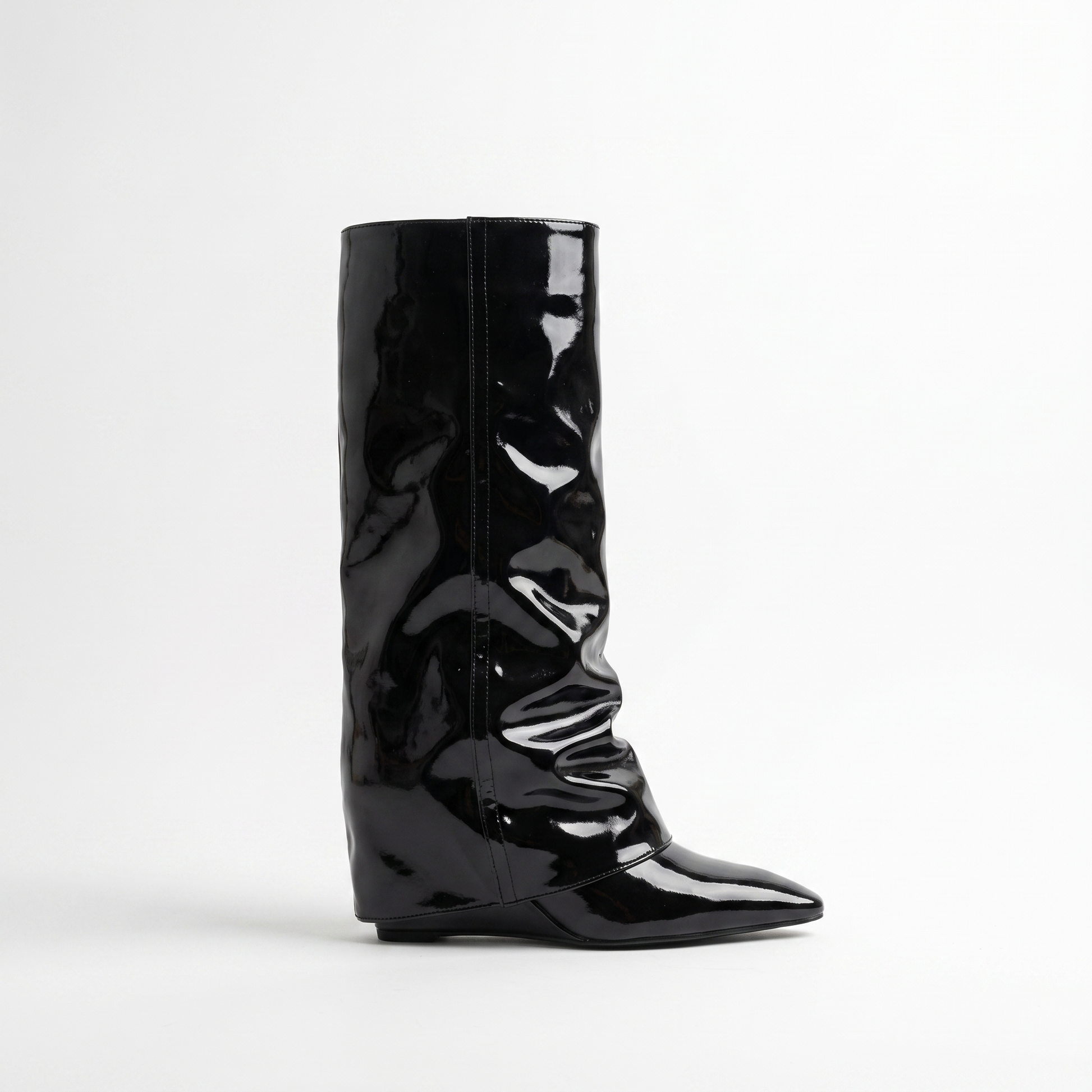 Sunoire 2025 glossy patent knee high boots women s pointed toe stiletto equestrian boots edgy high shine riding boots 05 lateral profile black patent