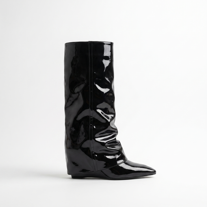 Sunoire 2025 glossy patent knee high boots women s pointed toe stiletto equestrian boots edgy high shine riding boots 05 lateral profile black patent
