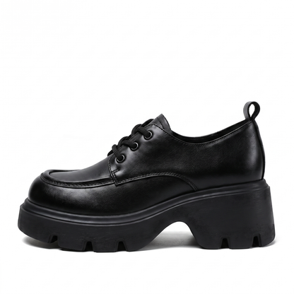 Sunoire genuine leather brown retro platform lace up loafers women 2026 spring summer autumn season thick sole height increase 05 lateral profile black