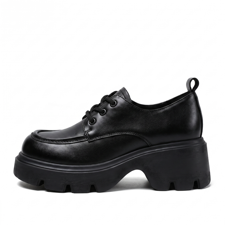 Sunoire genuine leather brown retro platform lace up loafers women 2026 spring summer autumn season thick sole height increase 05 lateral profile black