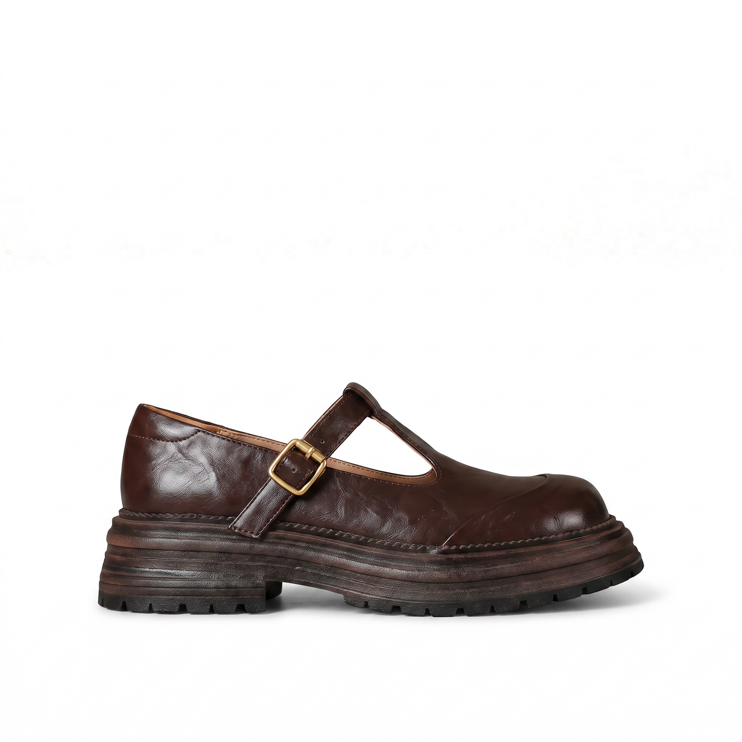 Sunoire chunky platform mary jane shoes with t bar strap 05 lateral profile brown