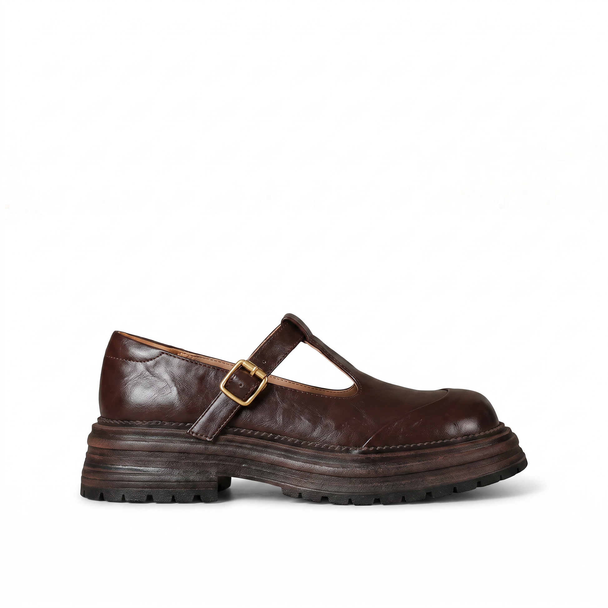 Sunoire chunky platform mary jane shoes with t bar strap 05 lateral profile brown