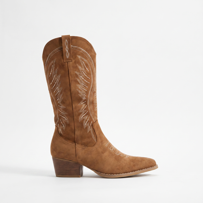 Sunoire knee high western embroidered boots 05 lateral profile camel