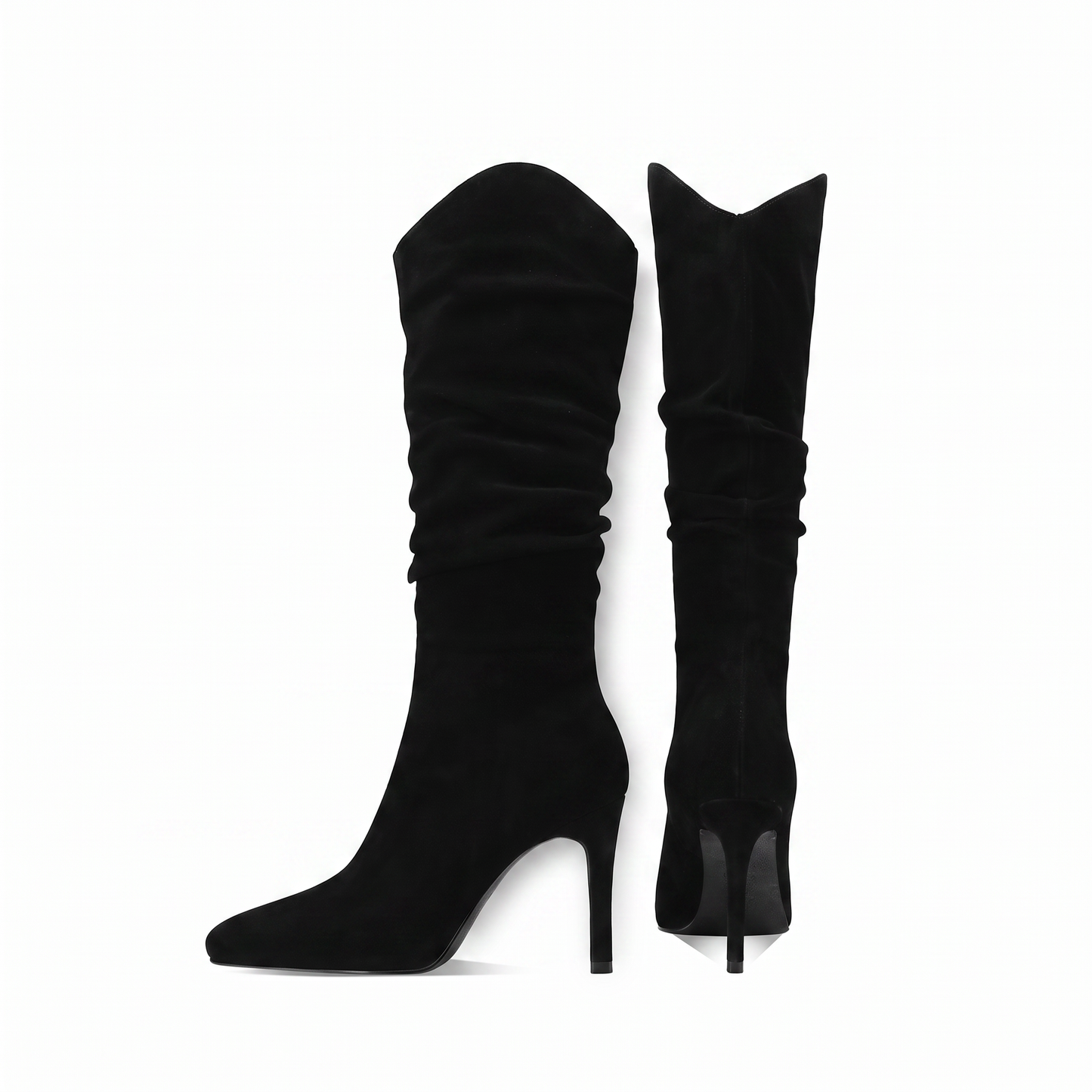 Sunoire stiletto knee high tassel boot women elegant pointed toe slip on closure 9cm heel spring autumn winter fashion denim loose light 05 pair flatlay black