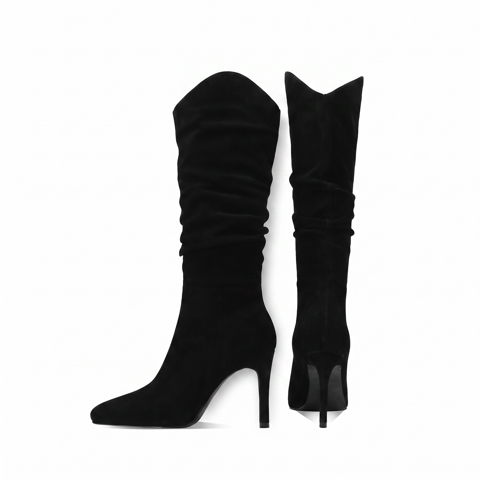 Sunoire stiletto knee high tassel boot women elegant pointed toe slip on closure 9cm heel spring autumn winter fashion denim loose light 05 pair flatlay black