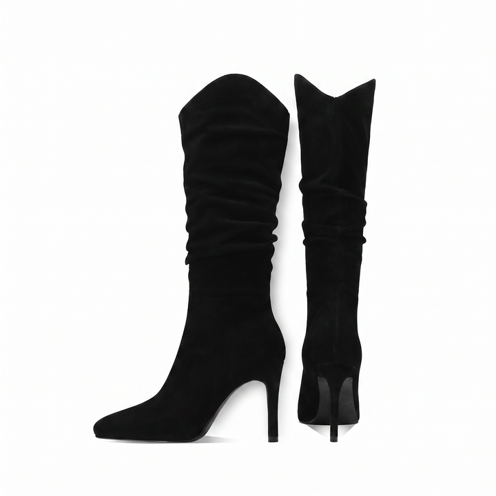 Sunoire stiletto knee high tassel boot women elegant pointed toe slip on closure 9cm heel spring autumn winter fashion denim loose light 05 pair flatlay black