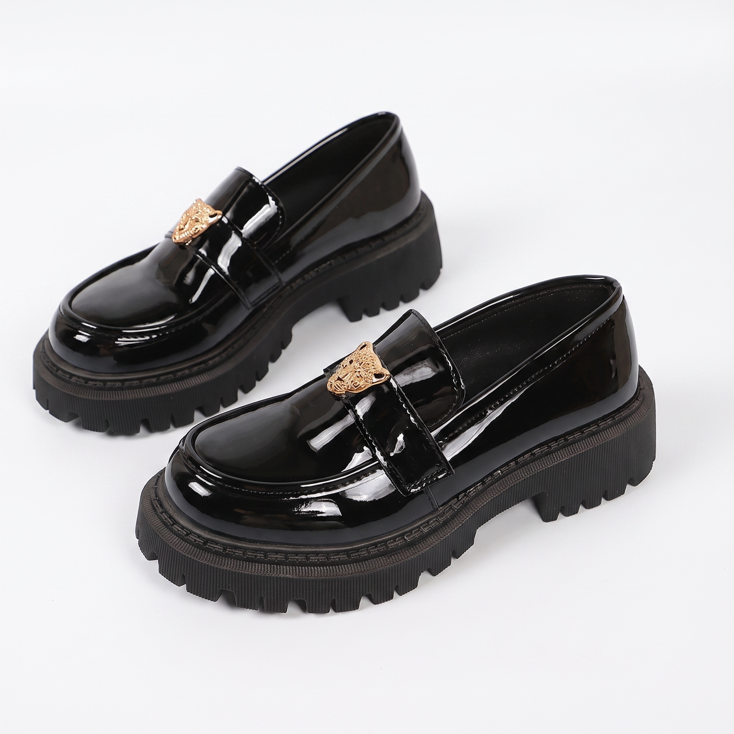 Sunoire leopard charm patent platform loafers 05 pair flatlay black