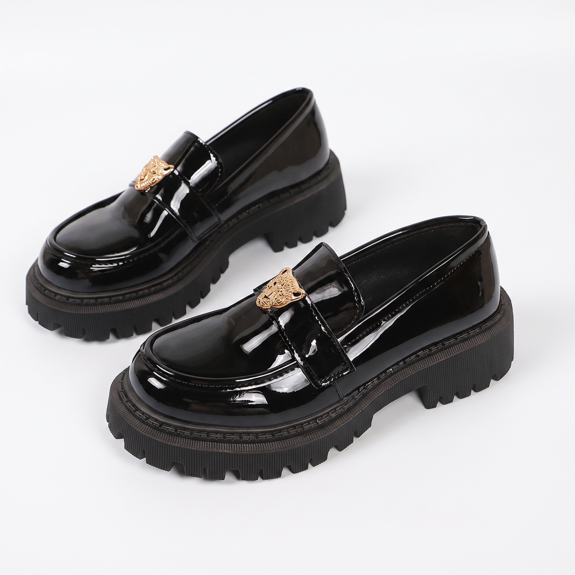Sunoire leopard charm patent platform loafers 05 pair flatlay black
