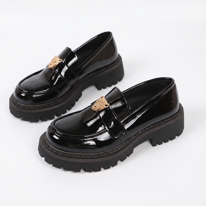 Sunoire leopard charm patent platform loafers 05 pair flatlay black