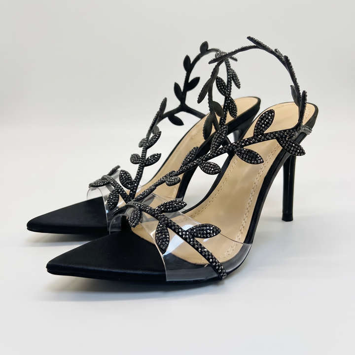 Sunoire women shoes elegant pointed rhinestone leaf stiletto sandals 05 pair flatlay black