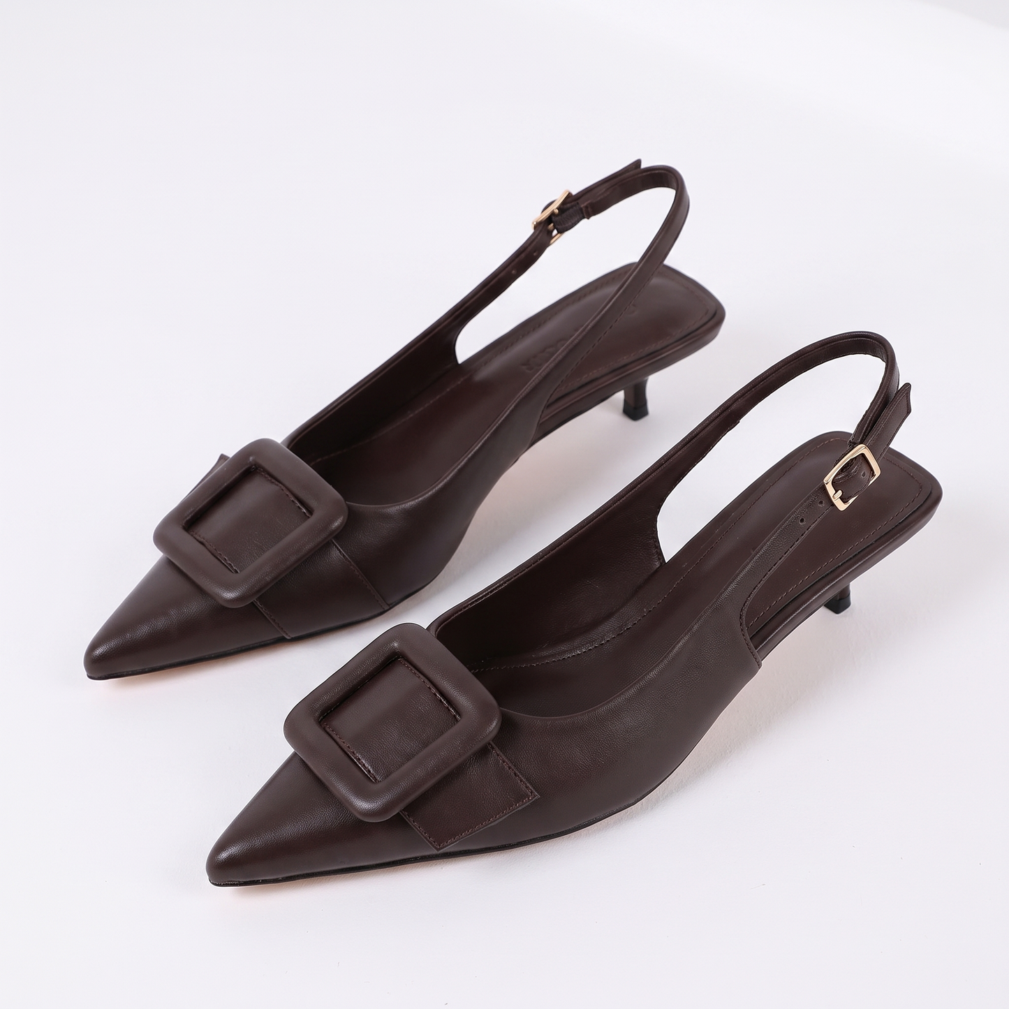 Sunoire women brown slingback spike heels pointed toe square buckle pumps elegant office formal spring dress shoes thin heel back strap 05 pair flatlay brown