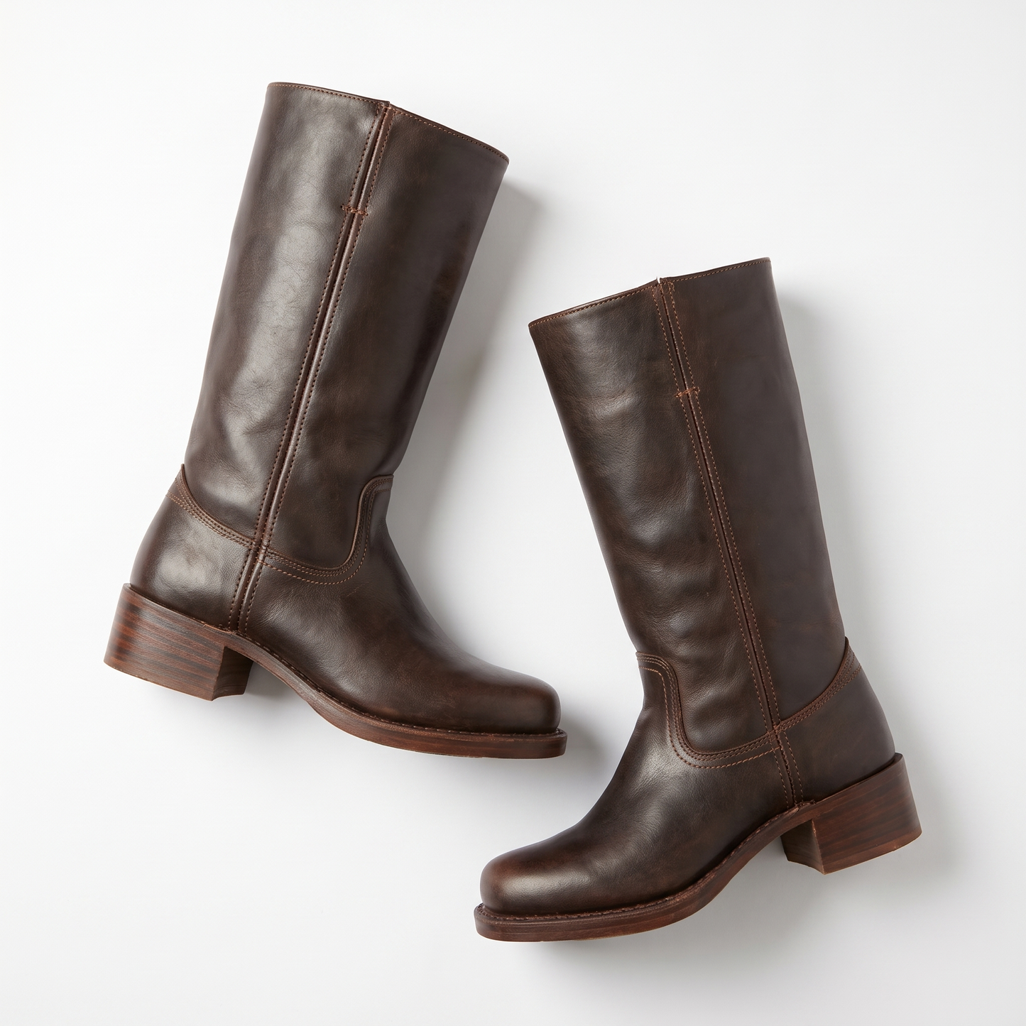 Sunoire mid calf block heel closed toe boots 05 pair flatlay brown