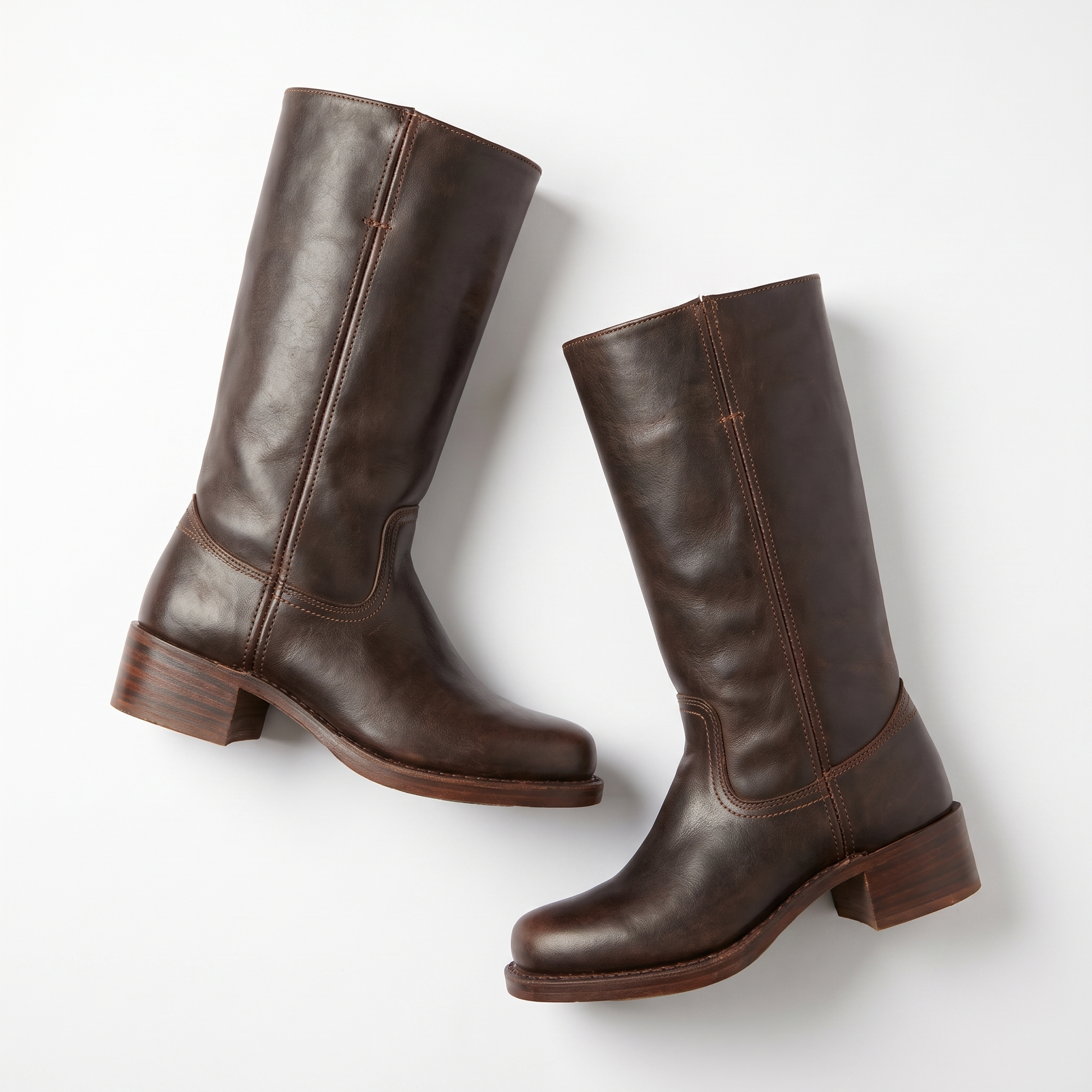 Sunoire mid calf block heel closed toe boots 05 pair flatlay brown