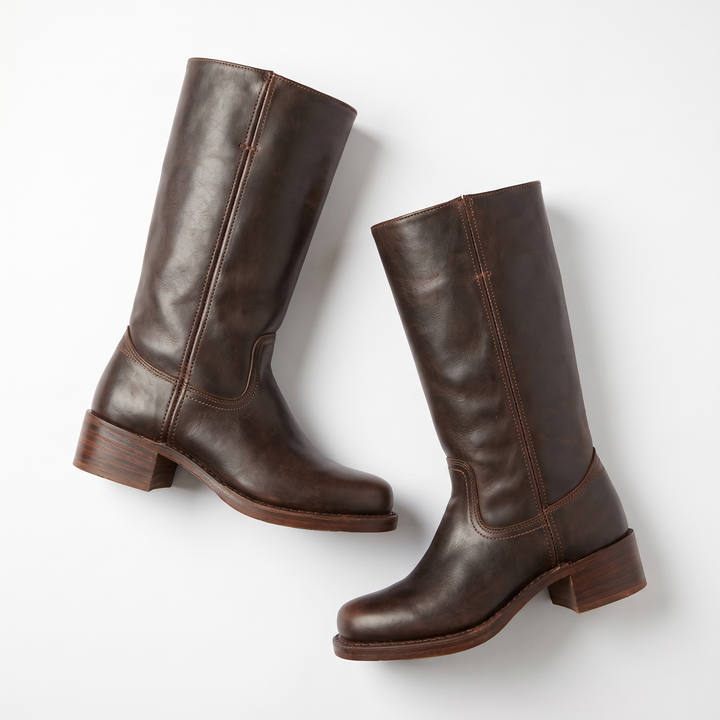 Sunoire mid calf block heel closed toe boots 05 pair flatlay brown
