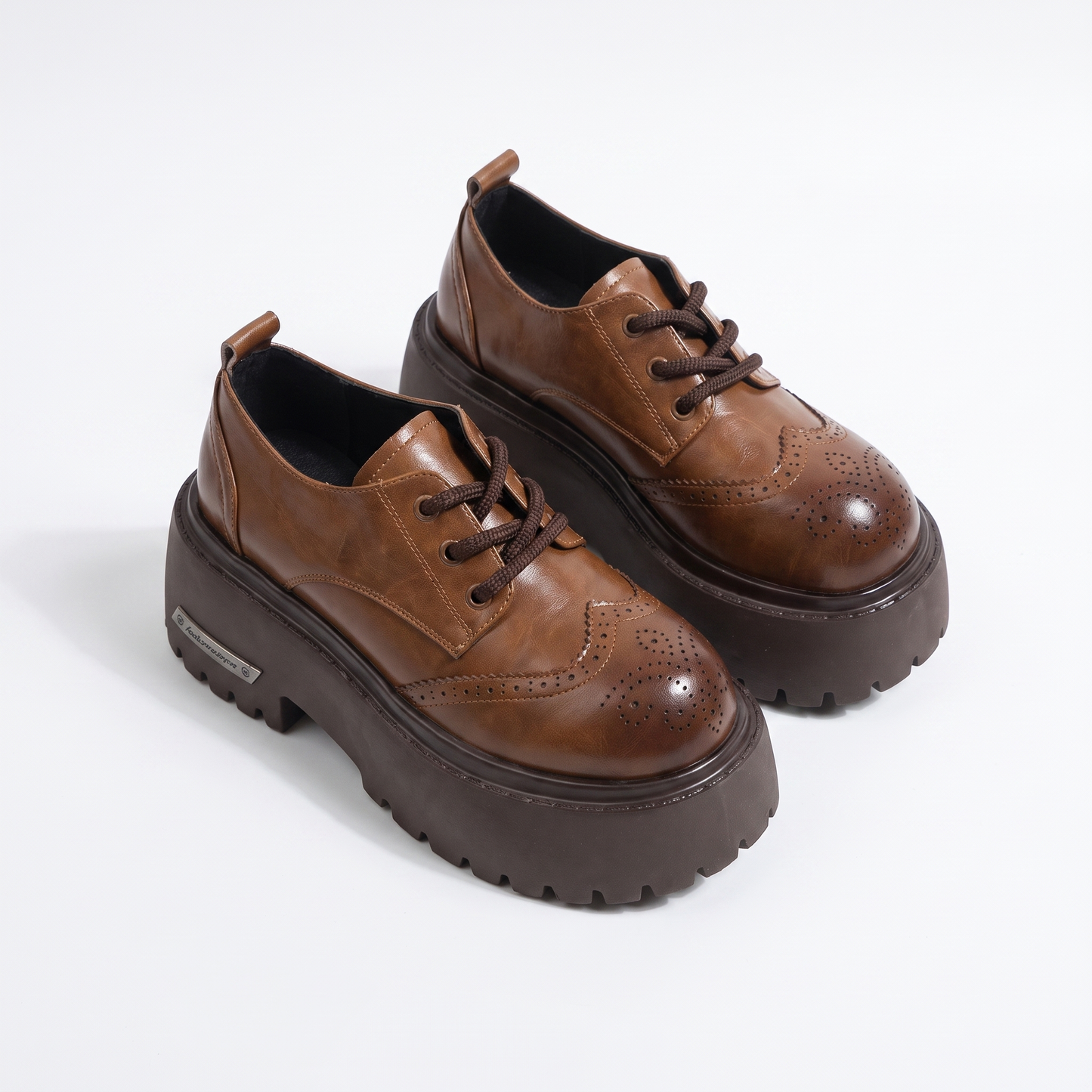 Sunoire european british style women s derby shoes loafers color washed genuine leather thick soled platform lace up height increasing 05 pair flatlay camel