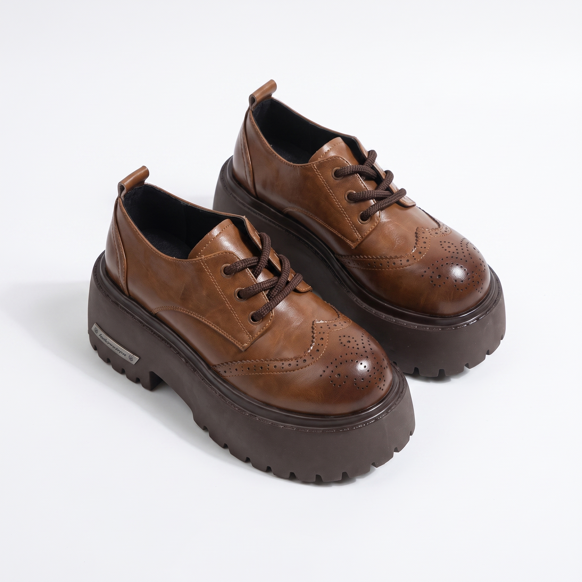 Sunoire european british style women s derby shoes loafers color washed genuine leather thick soled platform lace up height increasing 05 pair flatlay camel