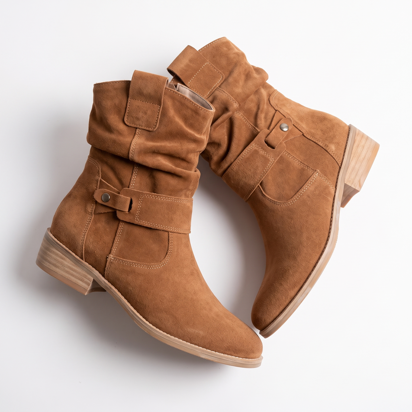 Sunoire slouchy suede boho ankle boots 05 pair flatlay dark brown