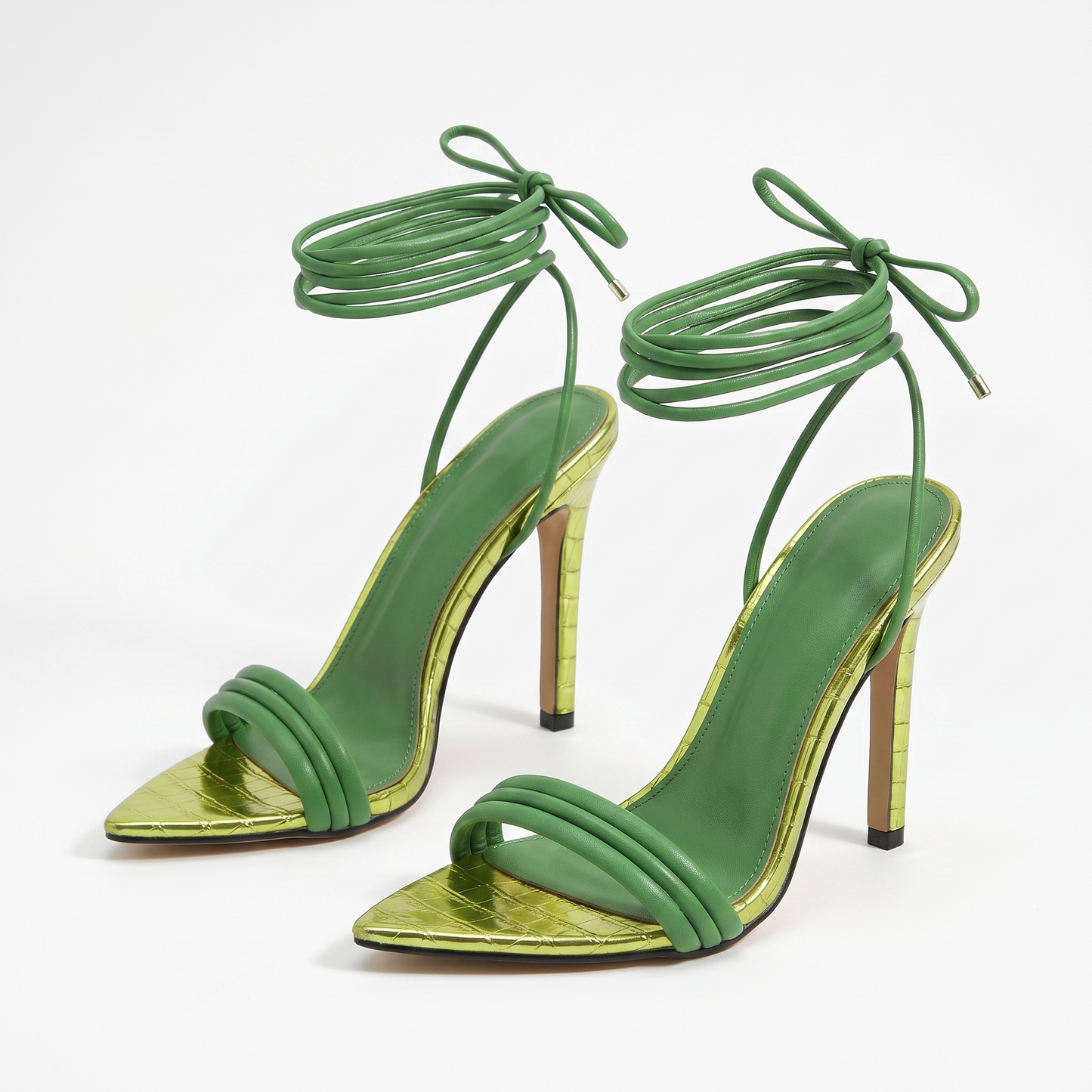Sunoire qlfashion huizhou women green high heel sandals party fashion stiletto pointed tie up heels 05 pair flatlay green
