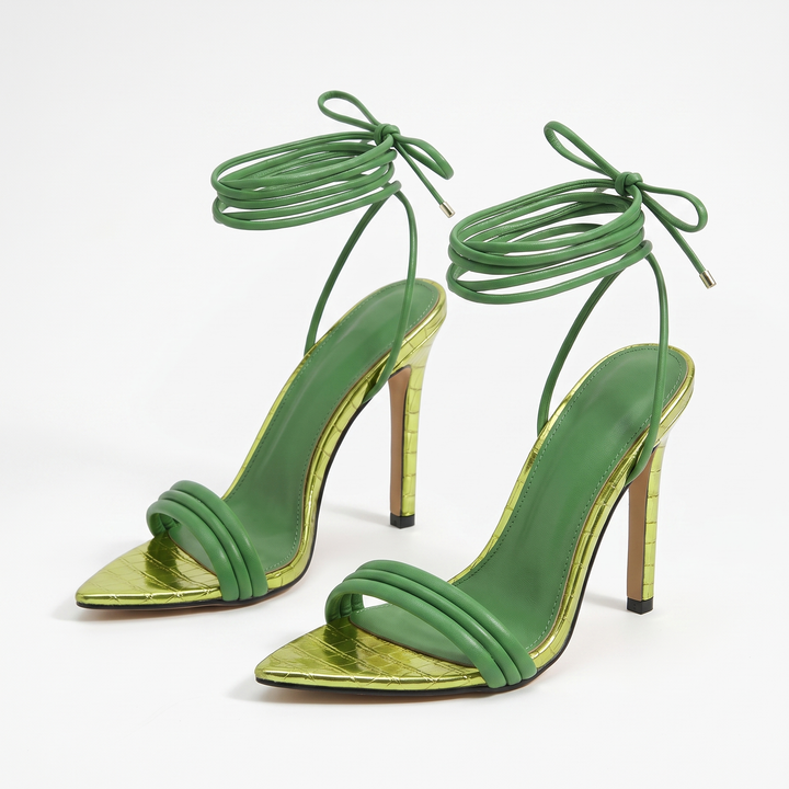 Sunoire qlfashion huizhou women green high heel sandals party fashion stiletto pointed tie up heels 05 pair flatlay green