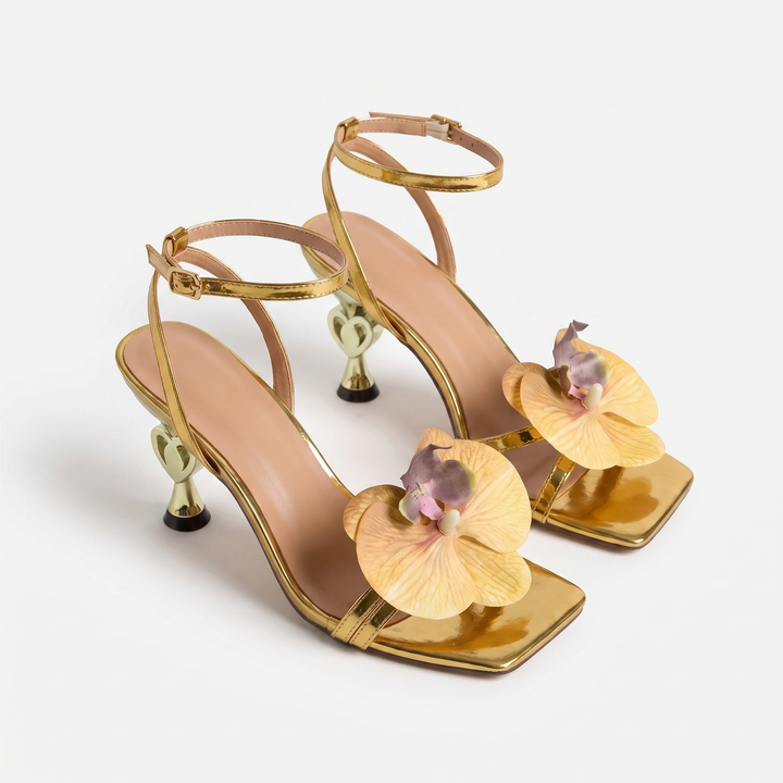 Sunoire women s square toe summer outdoor high top flower princess shoes slip on rubber sandals for party wedding 05 pair flatlay metallic gold