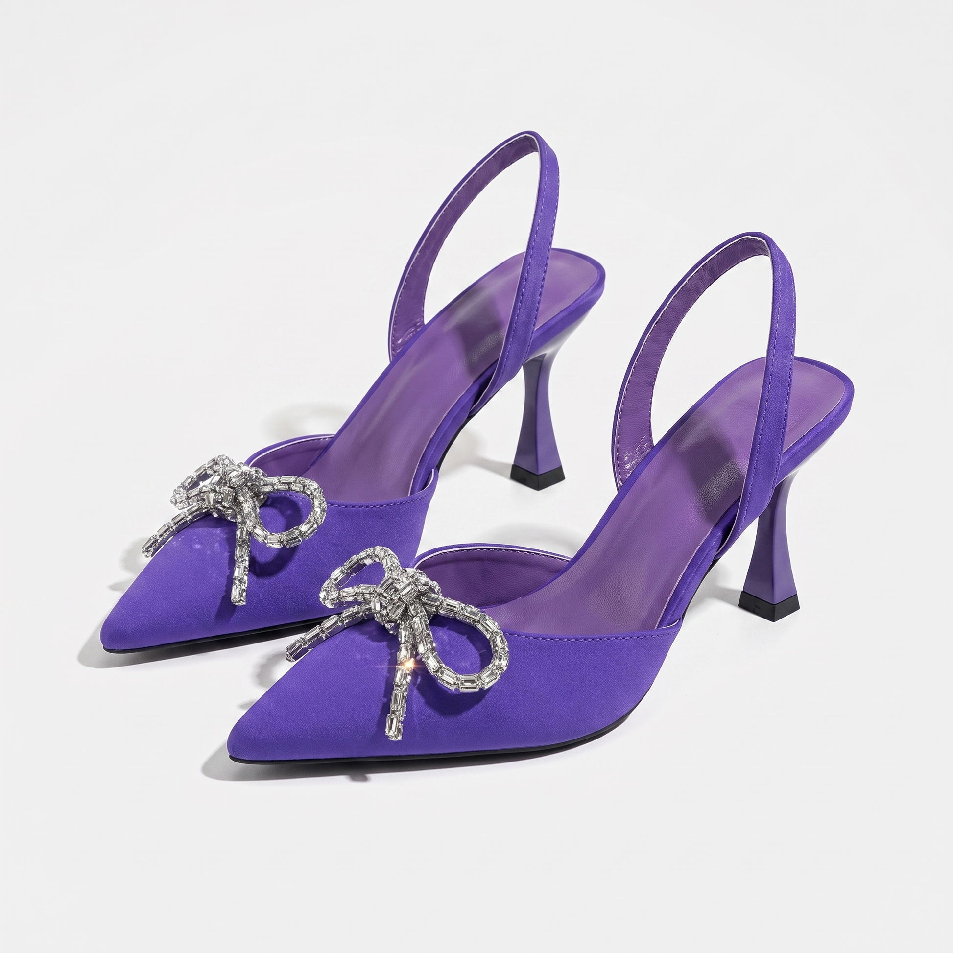 Sunoire purple slingback high heels women pointed toe rhinestone bow stiletto pumps elastic fabric party dress back strap sandals 05 pair flatlay purple