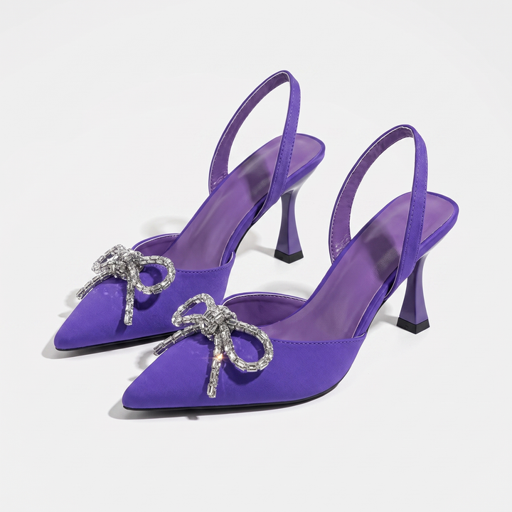 Sunoire purple slingback high heels women pointed toe rhinestone bow stiletto pumps elastic fabric party dress back strap sandals 05 pair flatlay purple