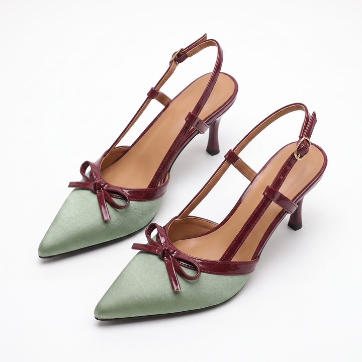 Sunoire satin leather high heels 6 8cm with one word buckle strap stiletto heel pointed toe summer 2026 05 pair flatlay sage green