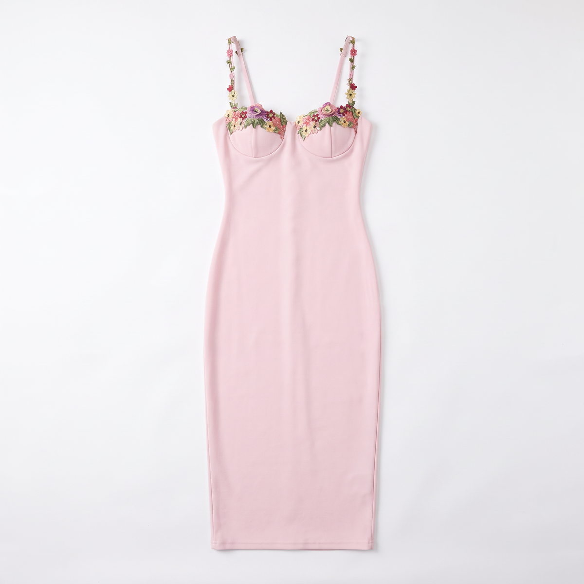 Women's Floral Appliqué Sweetheart Midi Dress, flat lay